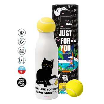 CAT, what are you going to do about it!, Tennis ball Metal mug thermos White, double wall, 550ml