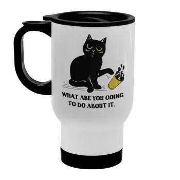 CAT, what are you going to do about it!, Κούπα ταξιδιού ανοξείδωτη με καπάκι, διπλού τοιχώματος (θερμό) λευκή 450ml