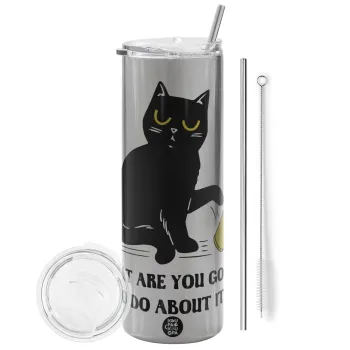 CAT, what are you going to do about it!, Tumbler ποτήρι θερμό Ασημένιο από ανοξείδωτο ατσάλι 600ml, με μεταλλικό καλαμάκι & βούρτσα καθαρισμού