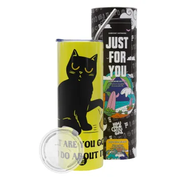 CAT, what are you going to do about it!, Neon Yellow Travel Tumbler θερμό, μεταλλικό καλαμάκι(Ανωξείδωτο 304 Food grade, BPA free, 600ml)