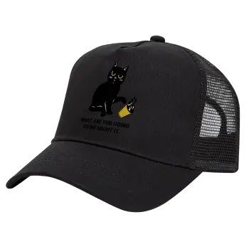 CAT, what are you going to do about it!, Trucker Hat with Mesh, Black, (COTTON, KIDS, UNISEX, ONE SIZE)