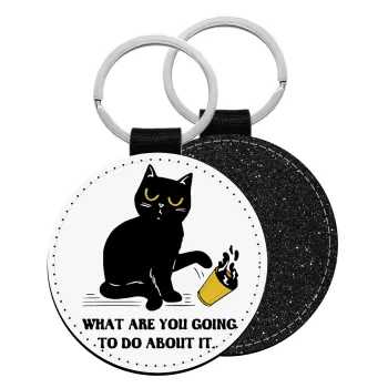 CAT, what are you going to do about it!, Μπρελόκ Δερματίνη, στρογγυλό ΜΑΥΡΟ (5cm)