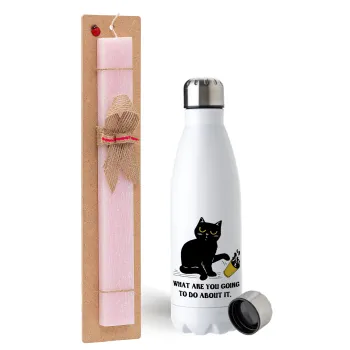 CAT, what are you going to do about it!, Easter Set, metallic stainless steel water bottle (750ml) & scented flat Easter candle (30cm) (PINK)
