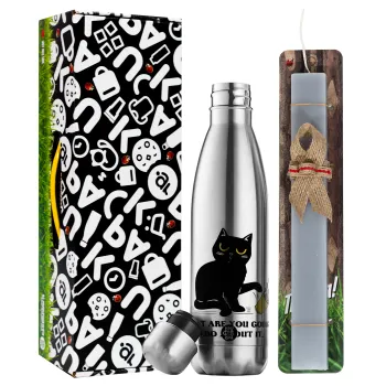 CAT, what are you going to do about it!, Easter Set, metallic stainless thermos flask (500ml) & scented flat Easter candle (30cm) (GRAY)