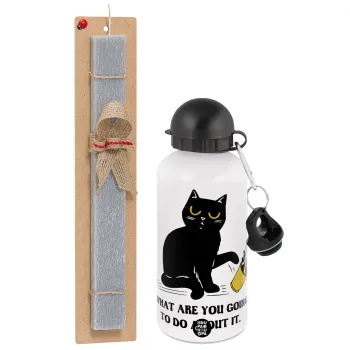 CAT, what are you going to do about it!, Easter Set, metallic aluminum water bottle (500ml) & aromatic flat Easter candle (30cm) (GRAY)