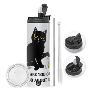 CAT, what are you going to do about it!, Travel Tumbler 2 Lids, with metal straw & cleaning brush (Stainless steel 304 Food grade, BPA free, 600ml)