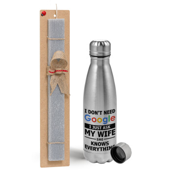I don't need Google, just ask my WIFE, Easter Set, metallic Inox water bottle (750ml) & aromatic flat Easter candle (30cm) (GRAY)