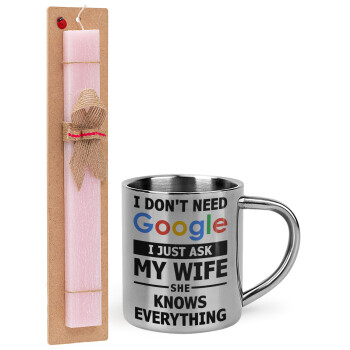 I don't need Google, just ask my WIFE, Easter Set, metallic thermal cup (300ml) & aromatic flat Easter candle (30cm) (PINK)