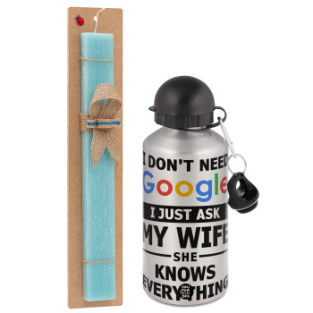 I don't need Google, just ask my WIFE, Easter Set, metallic silver aluminum water bottle (500ml) & scented flat Easter candle (30cm) (TURQUOISE)