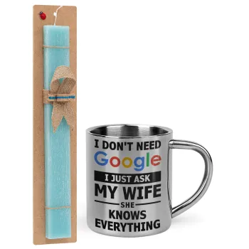 I don't need Google, just ask my WIFE, Easter Set, metallic thermal cup (300ml) & aromatic flat Easter candle (30cm) (TURQUOISE)