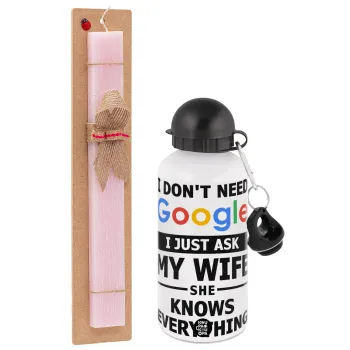 I don't need Google, just ask my WIFE, Easter Set, metallic aluminum bottle (500ml) & aromatic flat Easter candle (30cm) (PINK)