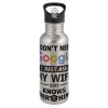 Water bottle Silver with straw, stainless steel 600ml