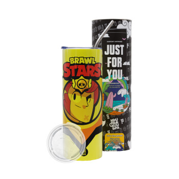 Brawl Stars Colt, Neon Yellow Travel Tumbler θερμό, μεταλλικό καλαμάκι(Ανωξείδωτο 304 Food grade, BPA free, 600ml)
