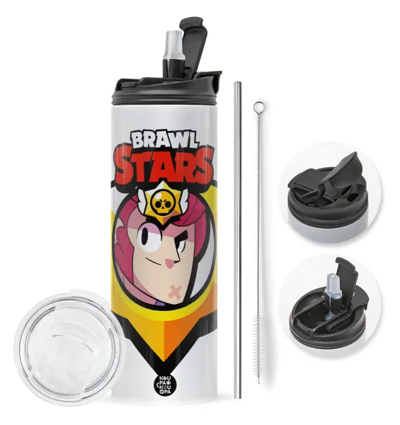 Brawl Stars Colt — Travel Tumbler θερμό με διπλό καπάκι, μεταλλικό καλαμάκι και βούρτσα καθαρισμού (Ανωξείδωτο 304 Food grade, BPA free, 600ml)