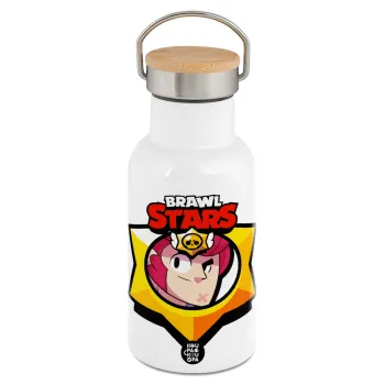 Brawl Stars Colt, Μεταλλικό παγούρι θερμός (Stainless steel) Λευκό με ξύλινο καπακι (bamboo), διπλού τοιχώματος, 350ml