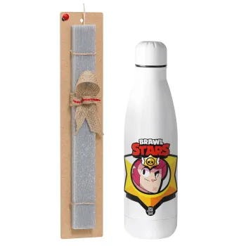 Brawl Stars Colt, Easter Set, metallic stainless thermos bottle (500ml) & scented flat Easter candle (30cm) (GRAY)