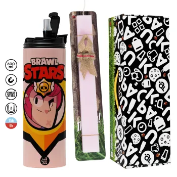 Brawl Stars Colt, Easter candle,Travel Tumbler 2 Lids, with metal straw & cleaning brush & aromatic flat candle (30cm) (PINK)