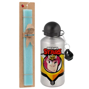 Brawl Stars Colt, Easter Set, metallic silver aluminum water bottle (500ml) & scented flat Easter candle (30cm) (TURQUOISE)