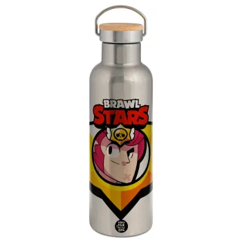 Brawl Stars Colt, Μεταλλικό παγούρι θερμός (Stainless steel) Ασημένιο με ξύλινο καπακι (bamboo), διπλού τοιχώματος, 750ml