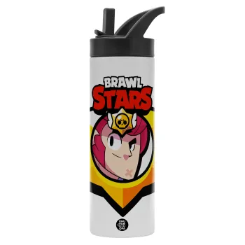 Brawl Stars Colt, Μεταλλικό παγούρι θερμός με καλαμάκι & χειρολαβή, ανοξείδωτο ατσάλι (Stainless steel 304), διπλού τοιχώματος, 600ml