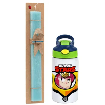 Brawl Stars Colt, Easter Set, Children's thermal stainless steel bottle with safety straw, green/blue (350ml) & aromatic flat Easter candle (30cm) (TURQUOISE)