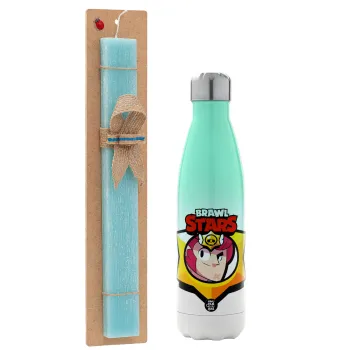 Brawl Stars Colt, Πασχαλινή Λαμπάδα με Μεταλλικό παγούρι θερμός Πράσινο/Λευκό (Stainless steel), διπλού τοιχώματος, 500ml & κερί αρωματικό πλακέ (30cm) (ΤΙΡΚΟΥΑΖ)