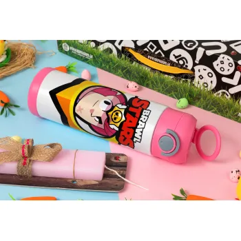 Brawl Stars Colt, Πασχαλινή Λαμπάδα με Παιδικό παγούρι θερμό, ανοξείδωτο, με καλαμάκι ασφαλείας, ΡΟΖ (500ml)