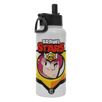 Brawl Stars Colt, Μεταλλικό παγούρι θερμός Λευκό με καλαμάκι και χερούλι (Stainless steel), διπλού τοιχώματος, 950ml