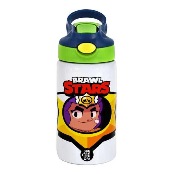 Brawl Stars Shelly — Children's hot water bottle, stainless steel, with safety straw, green, blue (350ml)