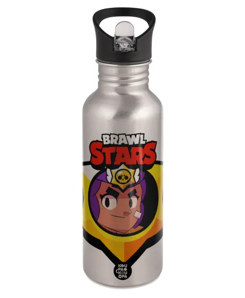Brawl Stars Shelly — Παγούρι νερού Ασημένιο με καλαμάκι, ανοξείδωτο ατσάλι 600ml