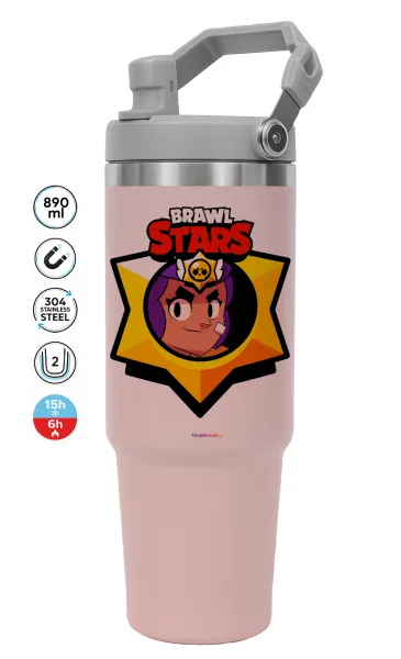 Brawl Stars Shelly — ΡΟΖ Travel Tumbler Θερμός με χερούλι και καλαμάκι 890ml