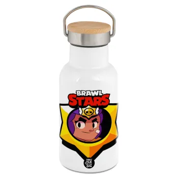 Brawl Stars Shelly, Metallic thermos (Stainless steel) White with wooden lid (bamboo), double-walled, 350ml