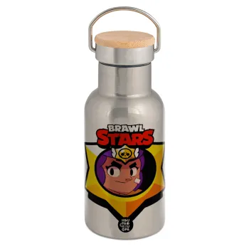 Brawl Stars Shelly, Μεταλλικό παγούρι θερμός (Stainless steel) Ασημένιο με ξύλινο καπακι (bamboo), διπλού τοιχώματος, 350ml