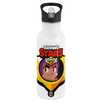 Brawl Stars Shelly, White water bottle with straw, stainless steel 600ml