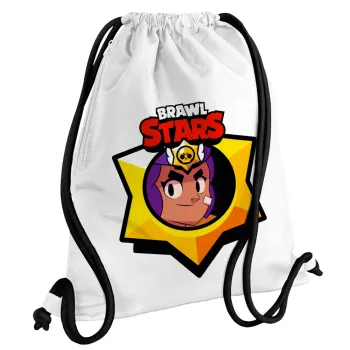 Brawl Stars Shelly, Backpack pouch GYMBAG white, with pocket (40x48cm) & thick cords
