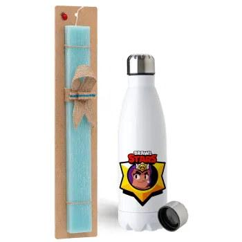 Brawl Stars Shelly, Easter Set, metallic stainless steel water bottle (750ml) & aromatic flat Easter candle (30cm) (TURQUOISE)
