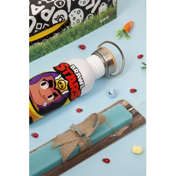 Brawl Stars Shelly, Easter Set, metallic silver aluminum water bottle (500ml) & scented flat Easter candle (30cm) (TURQUOISE)
