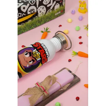 Brawl Stars Shelly, Easter Set, SS Metallic water bottle (620ml, stainless steel) & scented flat Easter candle (30cm) (PINK)