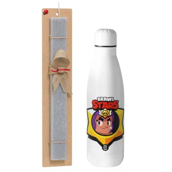 Brawl Stars Shelly, Easter Set, metallic stainless thermos bottle (500ml) & scented flat Easter candle (30cm) (GRAY)