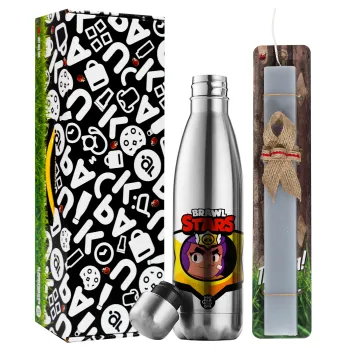 Brawl Stars Shelly, Easter Set, metallic stainless thermos flask (500ml) & scented flat Easter candle (30cm) (GRAY)