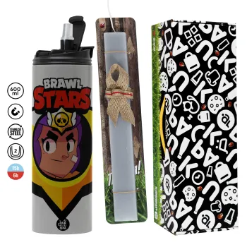 Brawl Stars Shelly, Easter candle with Grey Tumbler Thermo 600ml & aromatic flat candle (30cm) (GREY)