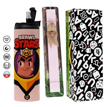 Brawl Stars Shelly, Easter candle,Travel Tumbler 2 Lids, with metal straw & cleaning brush & aromatic flat candle (30cm) (PINK)