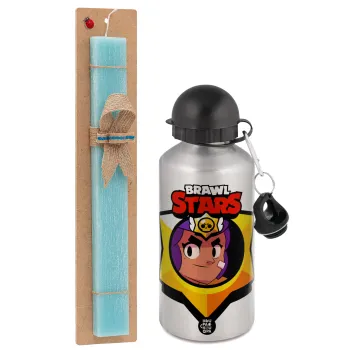 Brawl Stars Shelly, Easter Set, metallic silver aluminum water bottle (500ml) & scented flat Easter candle (30cm) (TURQUOISE)