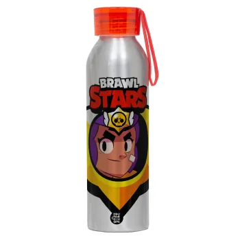 Brawl Stars Shelly, Αλουμινένιο Αθλητικό Μπουκάλι 650ml – Ασημί με Κόκκινο Καπάκι και Λουράκι Σιλικόνης