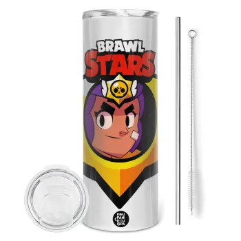 Brawl Stars Shelly, Tumbler stainless steel 600ml, with metal straw & cleaning brush