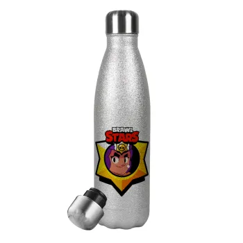 Brawl Stars Shelly, Μεταλλικό παγούρι θερμός Glitter Aσημένιο (Stainless steel), διπλού τοιχώματος, 500ml