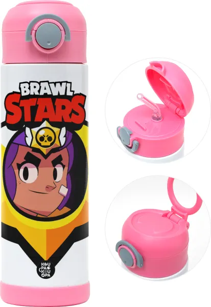 Brawl Stars Shelly — Children's hot water bottle, stainless steel, with safety straw, PINK (500ml)