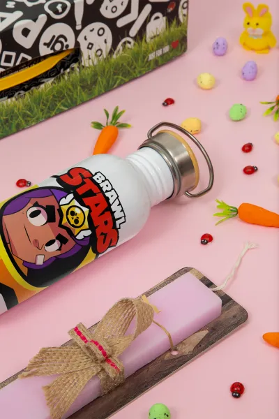 Brawl Stars Shelly — Πασχαλινή Λαμπάδα με παγούρι μεταλλικό (620ml, stainless steel) & κερί αρωματικό πλακέ (30cm) (ΡΟΖ)