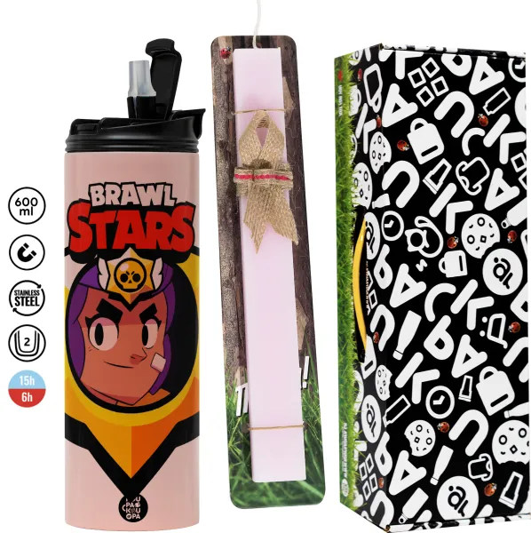 Brawl Stars Shelly — Πασχαλινή Λαμπάδα με  ΡΟΖ Travel Tumbler θερμό (600ml, BPA free) & κερί αρωματικό πλακέ (30cm) (ΡΟΖ)