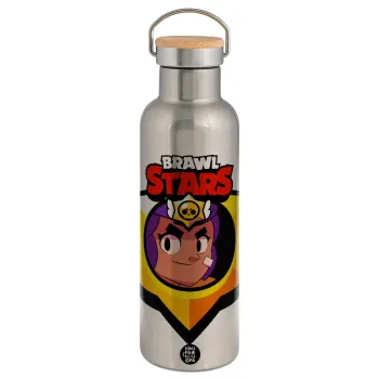 Brawl Stars Shelly, Μεταλλικό παγούρι θερμός (Stainless steel) Ασημένιο με ξύλινο καπακι (bamboo), διπλού τοιχώματος, 750ml